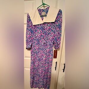1980’s Karin Stevens Blue and Pink Floral Long Sleeve Dress